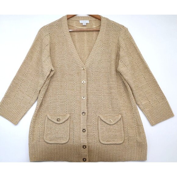 Charter Club Womens Gold Shimmer Cardigan Ethereal Twee Beige Normcore Pockets - Picture 1 of 10